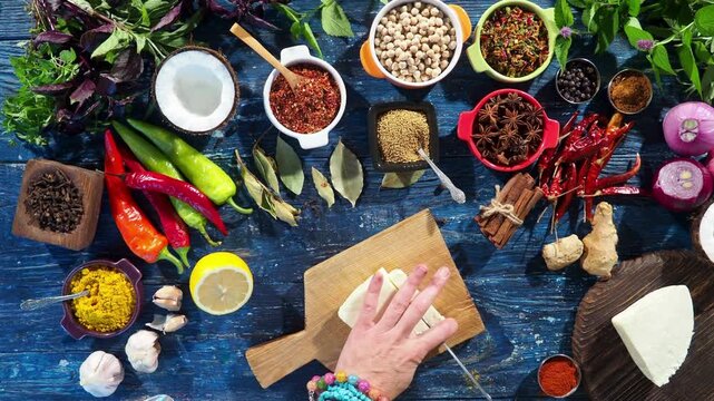 4K Video of Top Down Chef Slicing Fresh Feta Cheese on Wooden Board Surrounded by Colorful Mediterranean Ingredients, Spices, and Herbs on Vibrant Blue Vintage Table Background