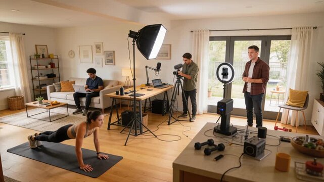 Doing push-ups demonstrator wearing black top on mat following host cue in living room for filming