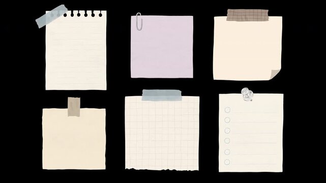 Hand-drawn animated paper note and memo collection set A &mdash; sticky note, notebook, grid paper, ring paper, tape, clip, in-out animation, transparent background, alpha channel