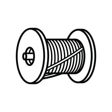 Black and white line art illustration of a spool with wire isolated on white background