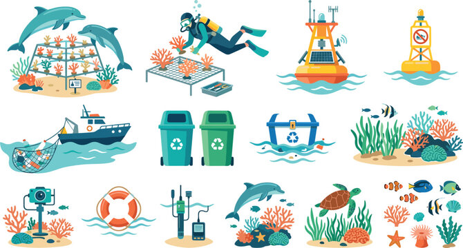 Marine Conservation and Ocean Ecology Vector Icon Set Featuring Coral Reef Restoration Scuba Diver Recycling Fishing Pollution Control and Sea Life