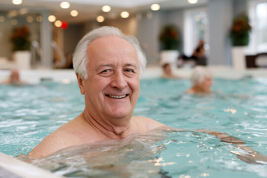 Senior man enjoying pool time with friends