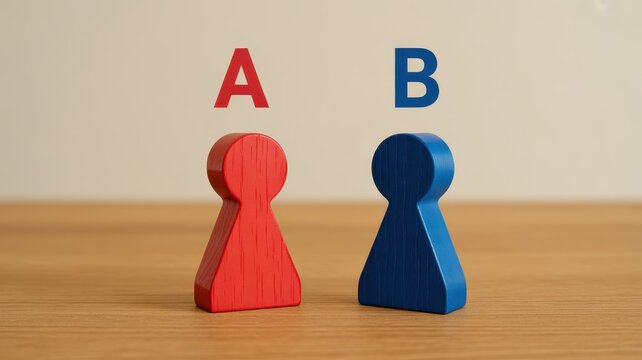 A/B testing concept with red and blue wooden figures, split testing marketing strategy, comparison of two options for business decision making