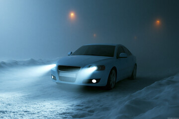 Naklejka premium Car drives in snow at night with headlights on
