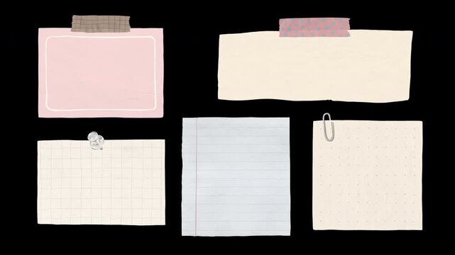 Hand-drawn animated paper note and journal collection set B &mdash; lined paper, grid note, pink card, kraft tape, paper clip, in-out animation, transparent background, alpha channel