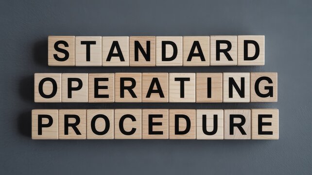 Standard Operating Procedure text on wooden blocks, business SOP concept on grey background, corporate management and compliance guidelines