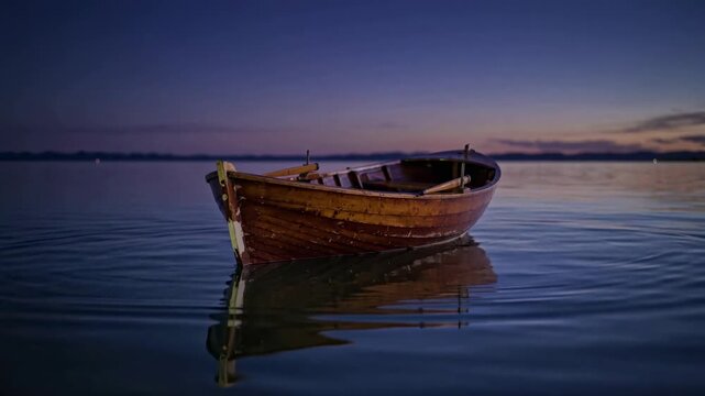 Empty wooden rowboat floating on a still lake at dusk. Gentle ripples reflecting the purple and orange twilight sky. Solitary landscape concept