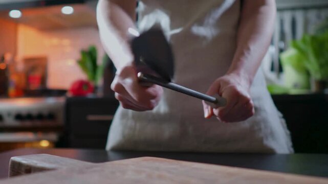 Professional chef sharpening large kitchen knife with steel sharpener rod in home kitchen setting, dynamic close up shot, culinary cooking preparation concept, 4K video for stock footage library.