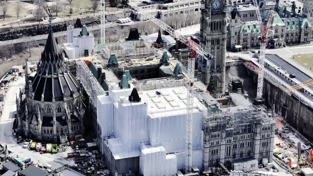 Aerial view of the capital Parliament under renovation the skyline of downtown Ottawa.
