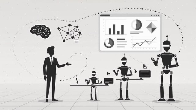 Human and robot interacting, sharing data and ideas in a futuristic setting. artificial intelligence collaboration interaction information technology future digital