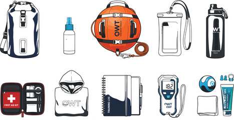 Open Water Swimming and Freediving Gear Vector Icon Set Featuring Dry Bag Safety Buoy Waterproof Phone Case First Aid Kit Swim Towel and Nose Clips © Apu