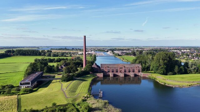 Aerial view of the historic Wouda Pumping Station near Lemmer in the Netherlands