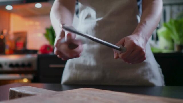 Professional chef sharpening large kitchen knife with steel sharpener rod in home kitchen setting, dynamic close up shot, culinary cooking preparation concept, 4K video for stock footage library.