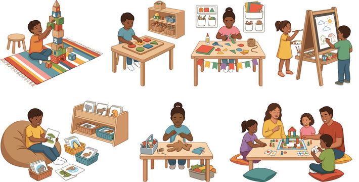 Preschool and Early Childhood Education Vector Icon Set Featuring Diverse Kids Painting on Easel Playing Boardgames and Building Wooden Blocks