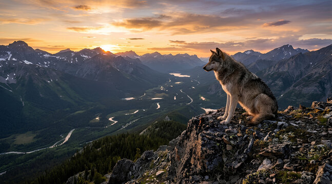 Wolf sitting on a rocky mountain peak at sunset overlooking valley