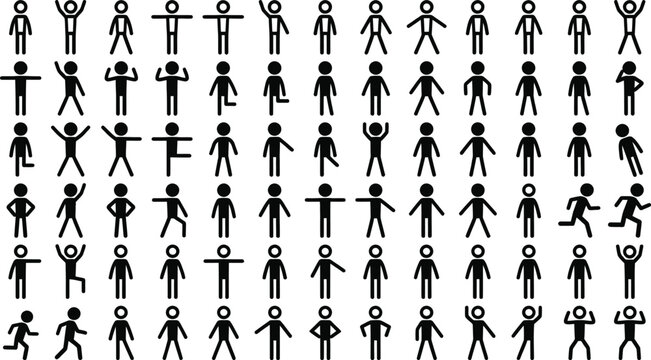 Human stick figure icon collection featuring actions poses activities and social interaction symbols