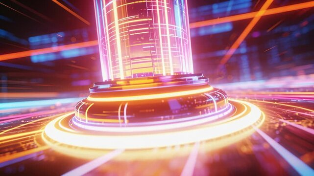 Activating translucent pillar rising from ringed base in digital dataspace, pulsing neon trails out