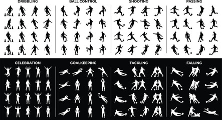 Soccer player action silhouette collection showing dribbling passing shooting and competitive football movements © Ashikul
