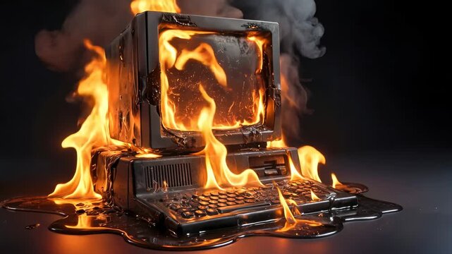 Retro computer terminal engulfed in flames with melting plastic. Lockdown shot of burning vintage technology.