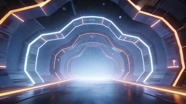 Starting camera movement pushing neon-arched tunnel forward, reflections lengthening toward portal
