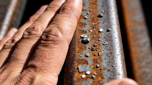 Approaching adult hand inspecting sunlit metal rail, sliding along rusted surface disturbing flakes
