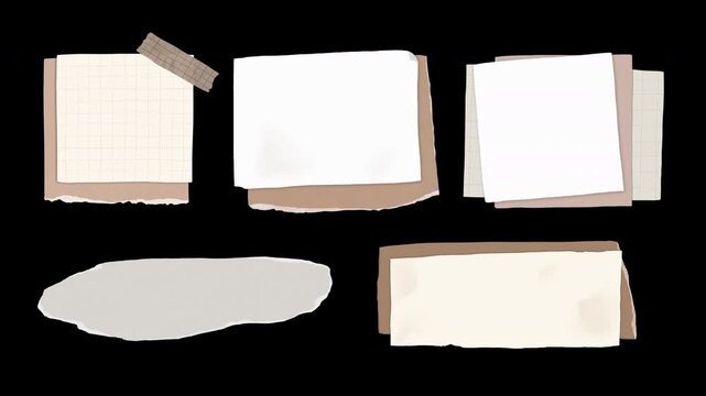 Hand-drawn animated scrapbook paper collection set C &mdash; torn paper, kraft strip, stacked note, text placeholder, title overlay, lower third, in-out animation, transparent background, alpha channel