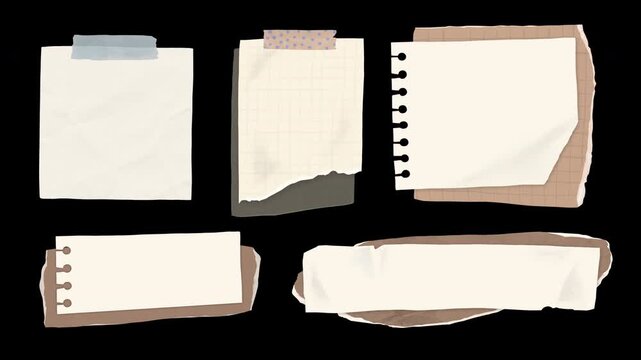 Hand-drawn animated scrapbook paper collection set D, torn paper, kraft note, ring notebook strip, text placeholder, title overlay, lower third, in-out animation, transparent background, alpha channel