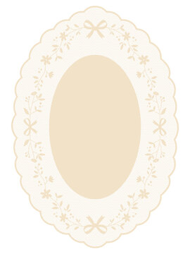 Vintage lace oval frame with flowers, bows. Elegant lace doily clipart for country style cards. Crochet style embroidery handkerchief. Mesh texture and scalloped borders. Whimsy baby shower invitation