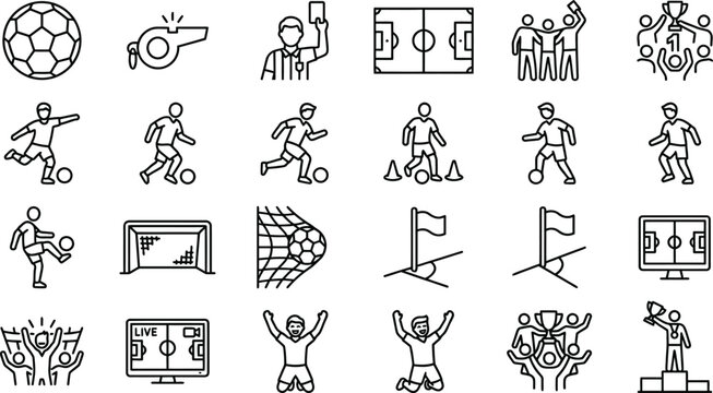 Soccer activity outline icon set featuring players equipment goals teamwork and sporting achievements