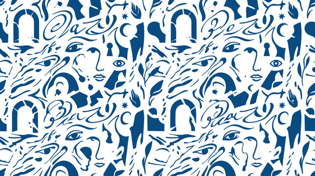 Seamless pattern featuring abstract human faces, arches, and decorative scribble lines in blue and white