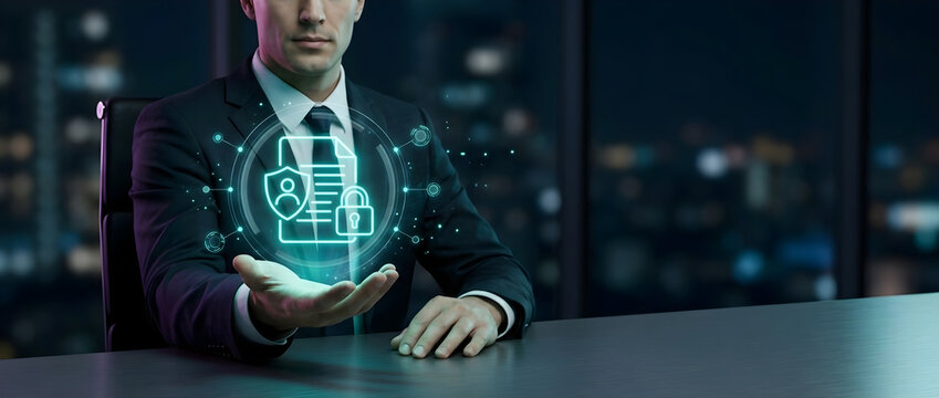 Cropped view of a businessman sitting at a desk and presenting a glowing holographic data privacy icon, showing a secure document with a padlock and shield for corporate cybersecurity compliance
