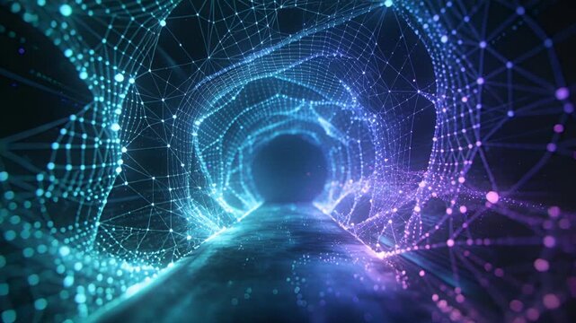 Playback starting, wireframe tunnel advancing through data void, pulsing nodes toward dark center