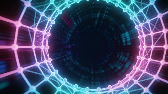 Advancing camera entering neon hexagonal wireframe showing nodes and void to convey digital motion
