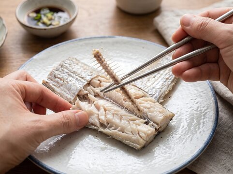 Removing the bone from a cooked silver hairtail segment