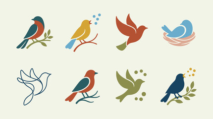Fototapeta premium Collection of stylized colorful bird featuring various poses including perching, flying, singing, and nesting on a light cream background