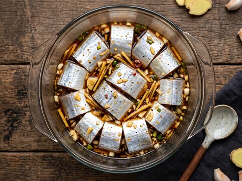 Marinating rectangular silver hairtail segments in a glass bowl