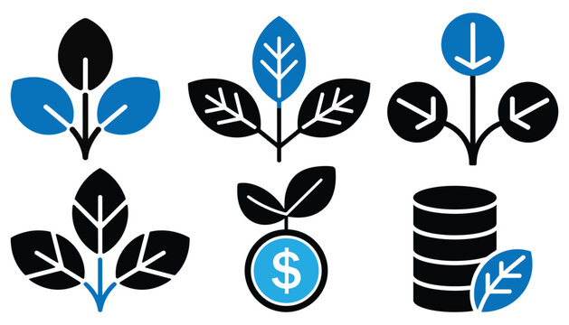 Collection of business and finance icons featuring leaves, coins, and stacks of money for financial growth and sustainability themes