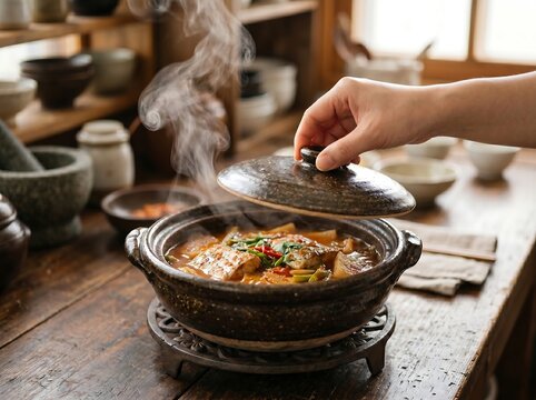 Covering a ceramic pot of cooking silver hairtail stew