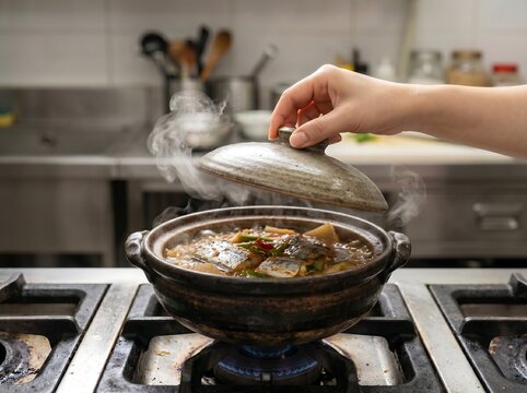 Covering a ceramic pot of cooking silver hairtail stew