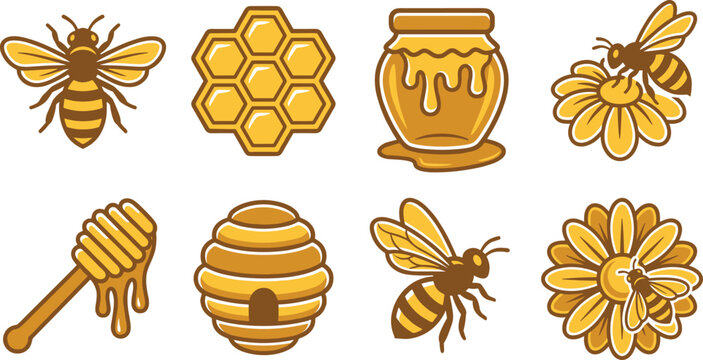 Collection of honey and bee related featuring honeycombs, a jar of honey, a wooden dipper, and bees on flowers, isolated on a white background