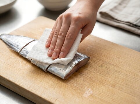 Patting dry fresh silver hairtail segments