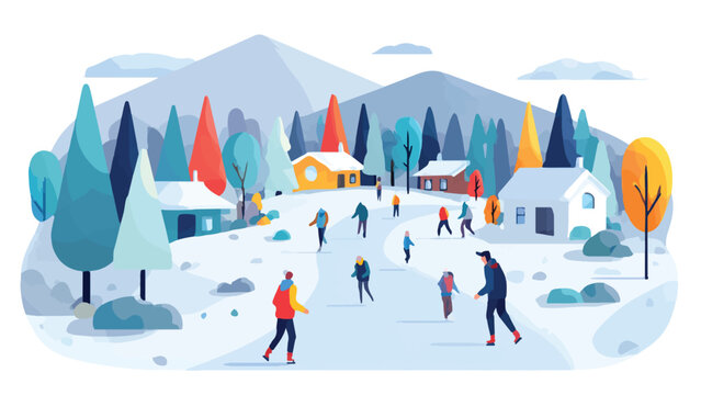 Winter Ice Skating Scene in Snowy Park with People and Colorful Trees.