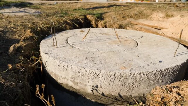 Concrete septic tank cover with rebar on construction site