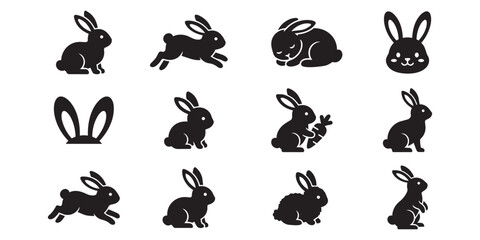 Cute rabbit silhouette collection featuring sitting jumping eating portrait and ear icons for easter or nature design projects silhouette collection © Nur-uz-zaman