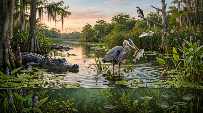 A serene swamp scene with a heron catching a fish at sunset