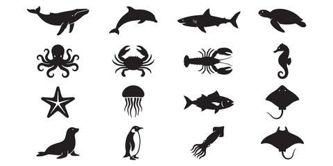 Set of black sea creature silhouettes including marine mammals fish and crustaceans with creature silhouette seahorse starfish jellyfish stingray © Nur-uz-zaman