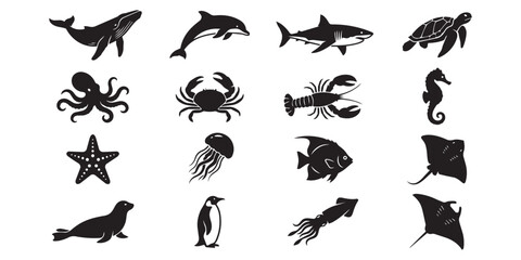 Collection of aquatic animal silhouettes featuring diverse marine life and sea creatures silhouette seahorse starfish jellyfish stingray isolated © Nur-uz-zaman