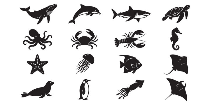 Collection of aquatic animal silhouettes featuring diverse marine life and sea creatures silhouette seahorse starfish jellyfish stingray isolated