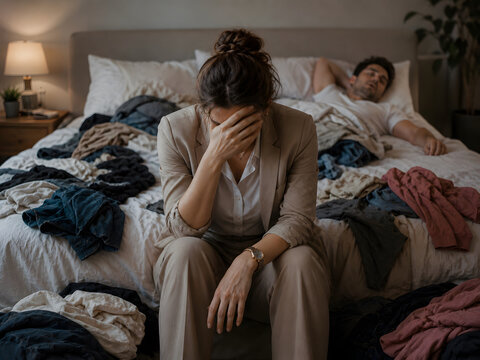 Lazy Husband not Helping Stressed Woman Sitting on Bed Overwhelmed by Chores