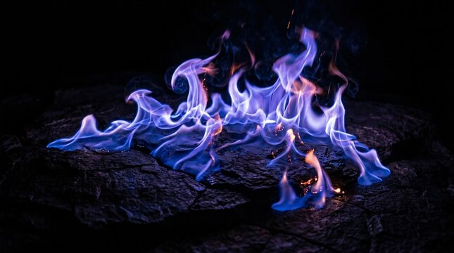 Intense magical blue and purple flames burn fiercely along the dark textured ground surface against deep black backgrounds, ultra detailed.